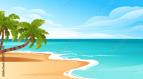 Tropical beach landscape with green palms. Azure ocean waves. Golden sand beach. Bright blue sky. Palm trees on shoreline. Tropical paradise view. Vector scenery illustration