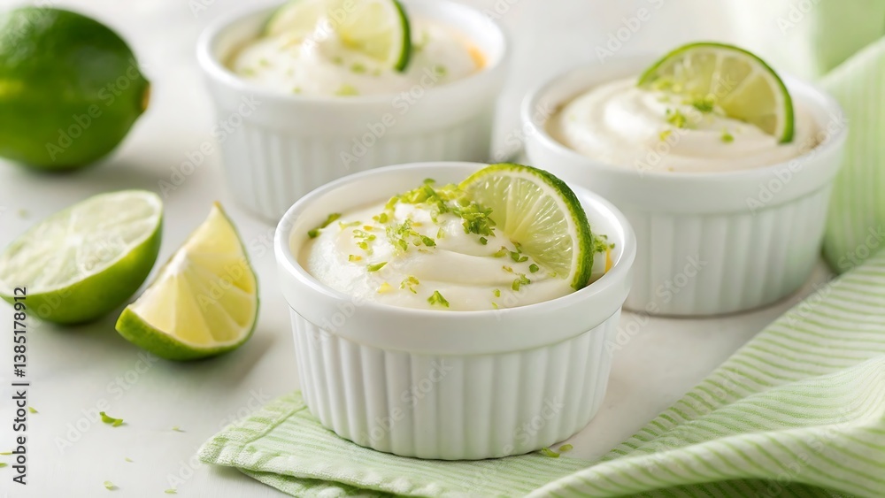 Creamy Lime Mousse with Zest Garnish and Fresh Lime in White Ceramic Ramekins Creamy Lime Mousse with Zest Garnish and Fresh Lime in White Ceramic Ramekins