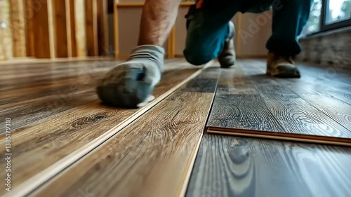 Worker Installing Wooden Flooring in Bright Room