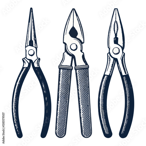 Create a bold vector illustration of a plier set, showcasing various types;  include detailed outlines and strong, contrasting colors.