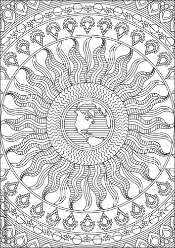 Sun earth mandala adult coloring page vector
