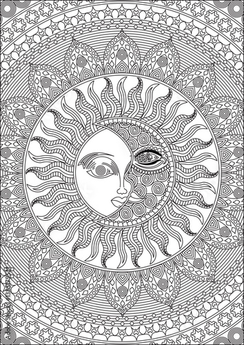 Adult coloring page sun moon astrology mandala vector