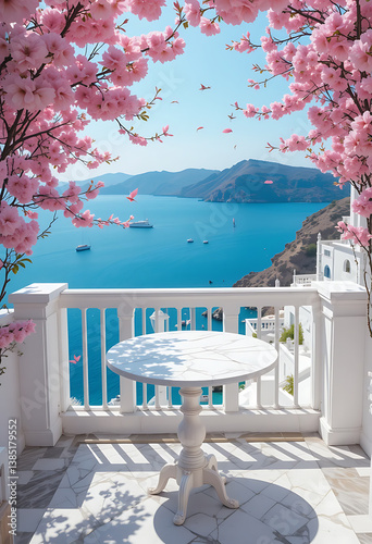 Obraz na płótnie Serene Santorini Breathtaking View from a Blossom-Draped Balcony w salonie
