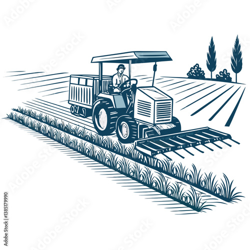 Create a bold, vector illustration of a rice transplanter, emphasizing strong outlines and clean lines.  Include detailed machinery features.