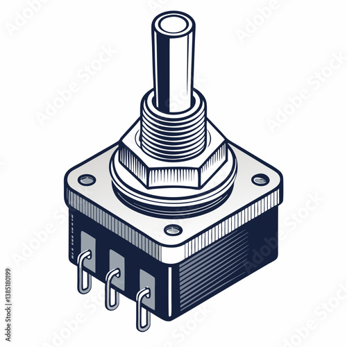 Create a bold vector illustration of a rotary potentiometer, emphasizing its mechanical details with thick, clearly defined strokes.