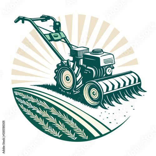 Create a bold, vector illustration of a rotary tiller, emphasizing its robust construction.  Include detailed mechanical components.