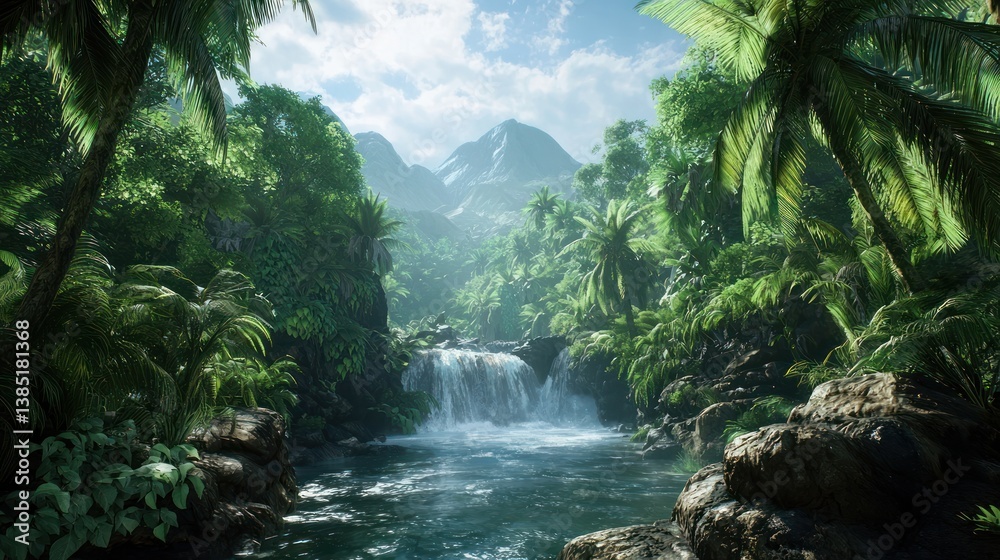 Lush tropical waterfall cascading through vibrant jungle. Lush tropical waterfall cascading through vibrant jungle.