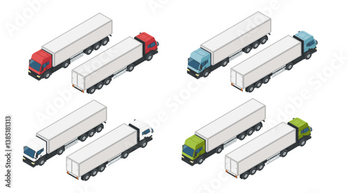 Collection of isometric semi-trailer trucks. Various colored cabs with white trailers. Commercial shipping vehicles. Logistics fleet vehicles. Vector illustration isolated on white background