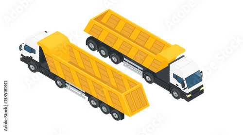 Set of isometric dump trucks. Yellow construction vehicles. Heavy equipment transportation. Construction site vehicles. Industrial hauling trucks. Vector illustration isolated on white
