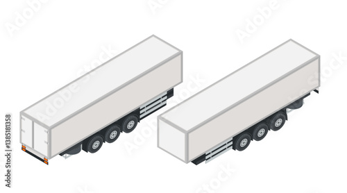 Collection of white trailers. Commercial shipping. Logistics transport vehicles. Distribution transportation units. Shipping fleet vehicles. Vector illustration isolated on white background