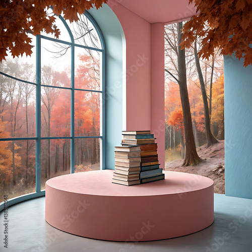 Obraz na płótnie Autumnal Reading Nook Books Stacked on a Pink Pedestal Beside a Panoramic Forest View w salonie