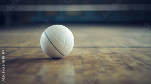 Single volleyball ball framed on bottom left corner of parquet background, blurred for modern composition.