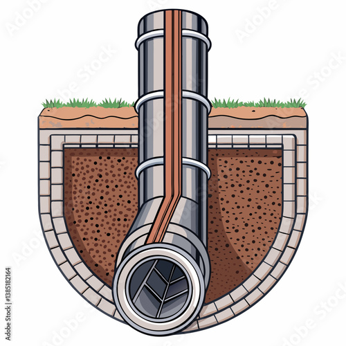 Create a bold vector illustration of a sewer pipe's cross-section, showcasing internal structure with strong, defined lines.