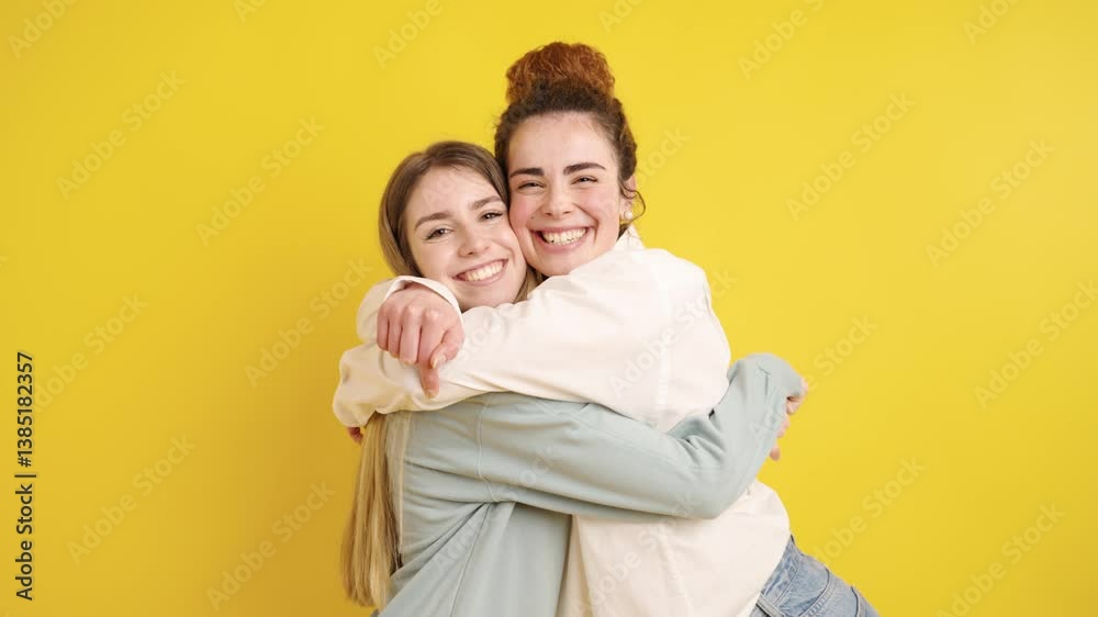 Two happy friends hugging each other on yellow background Two happy friends hugging each other on yellow background