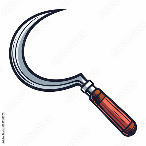 Create a bold, vector illustration of a sickle with a pronounced curved blade and thick black stroke.  Ensure clean lines and high resolution.