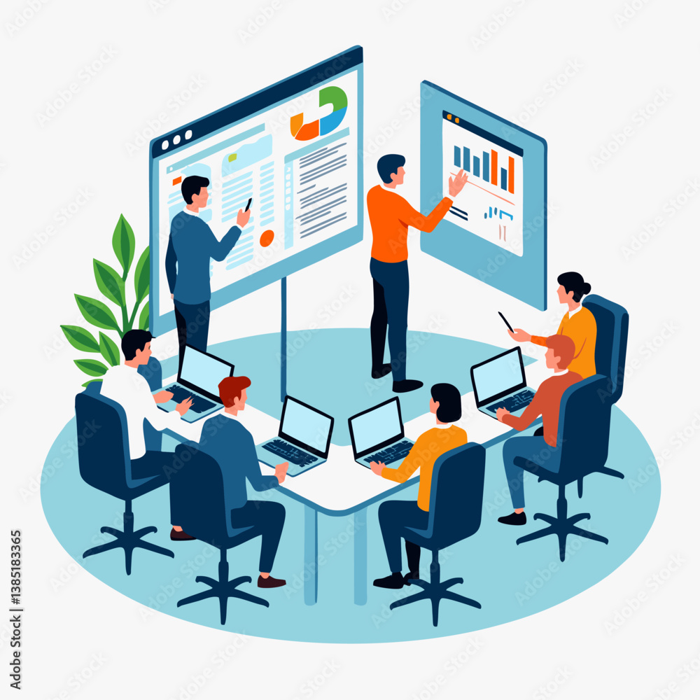 Vector illustration of office team collaboration with people holding laptops, presenting graphs, and discussing ideas. Flat design style, perfect for business and workplace themes. Vector illustration of office team collaboration with people holding laptops, presenting graphs, and discussing ideas. Flat design style, perfect for business and workplace themes.