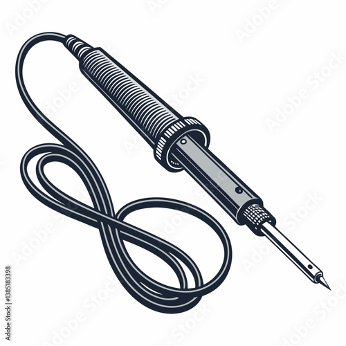 Create a bold, vector illustration of a soldering iron with two distinct views, showcasing its tip and handle details.
