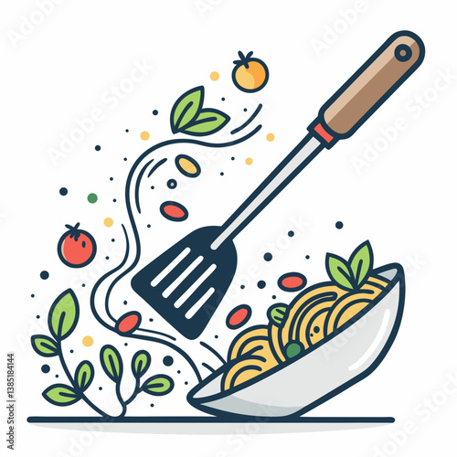 Create a bold, vector illustration of a spatula flipping a food item (e.g., pancake).  Focus on strong, clean lines.