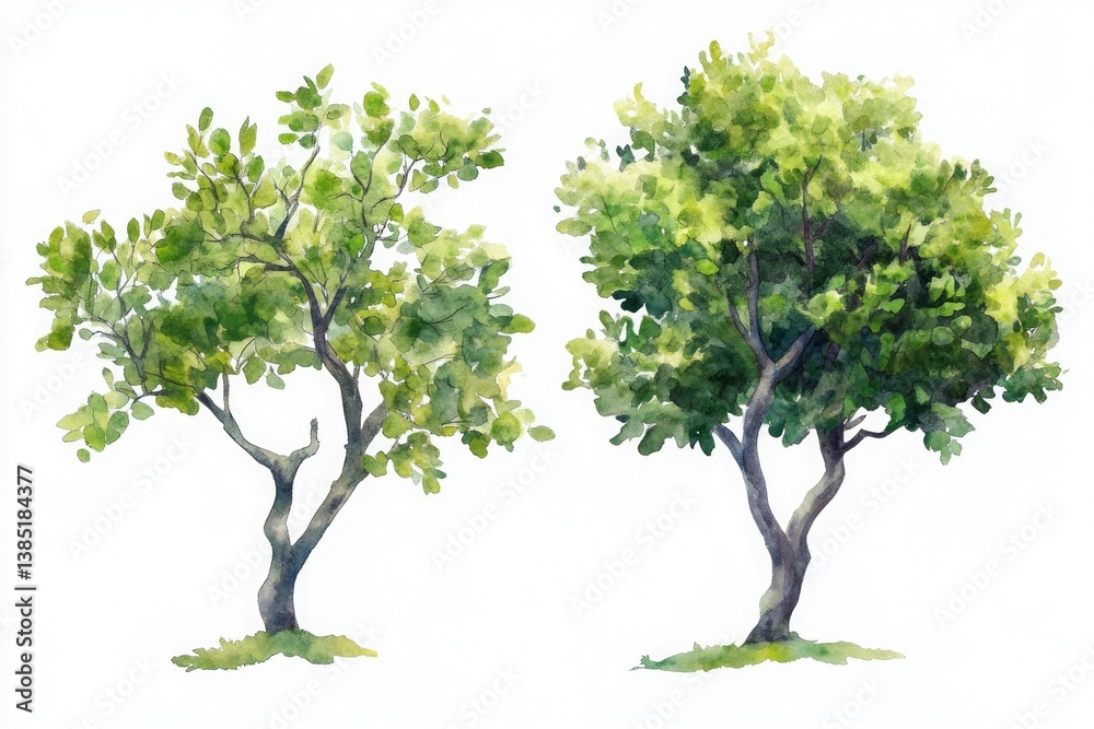 Obraz premium Watercolor illustration of two green leafy trees with trunks and lush foliage on white background