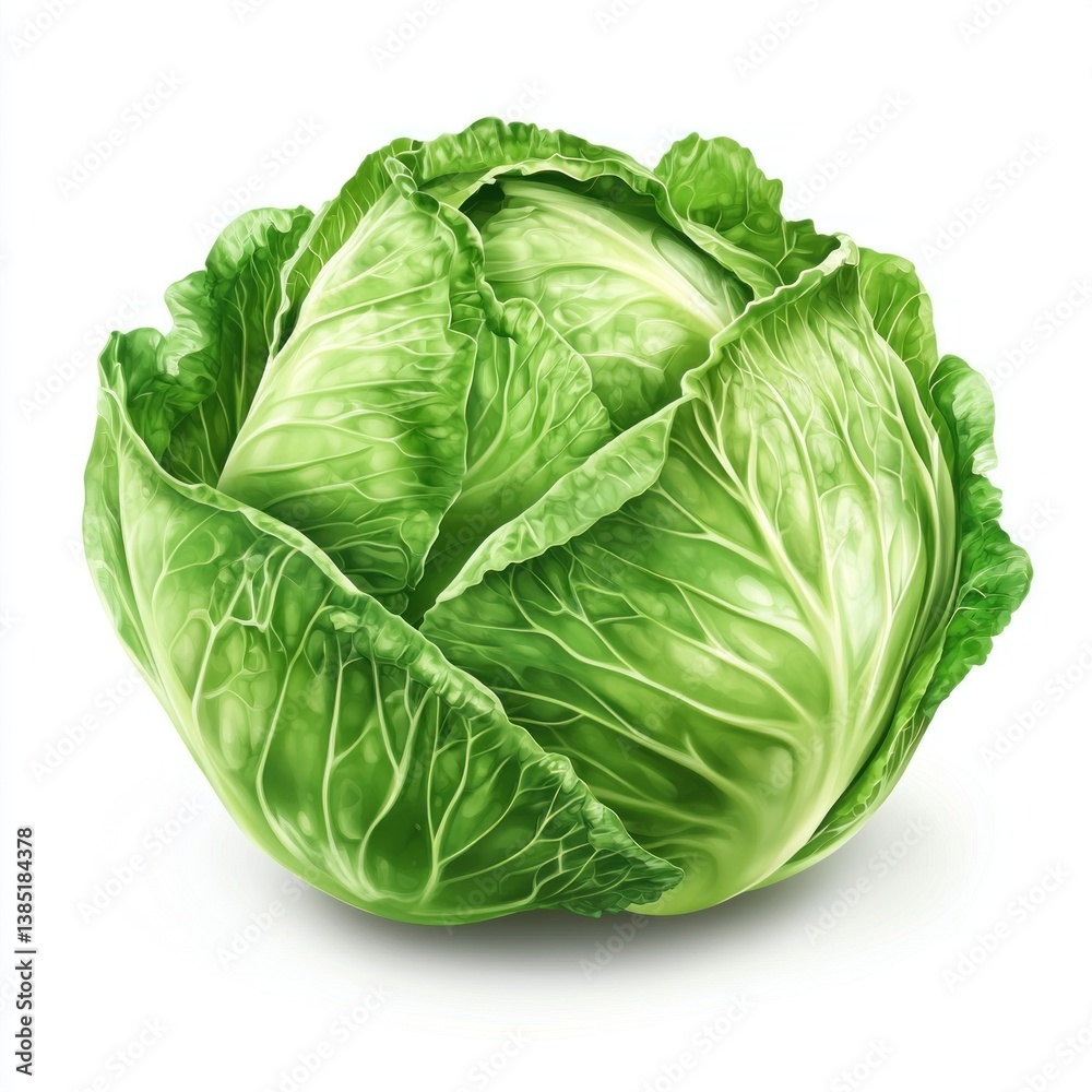 Fototapeta premium A head of cabbage with intricate leaf patterns sits isolated on a pristine white background, showcasing its fresh appearance and color