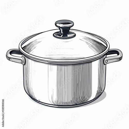 Create a bold, vector illustration of a stainless steel cooking pot, emphasizing the metallic sheen and thick stroke.  Show strong highlights and shadows.