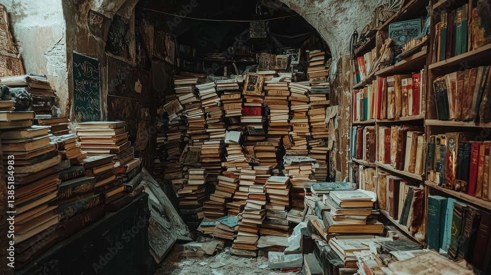 Fototapeta premium Overstuffed antique bookshop interior with overflowing shelves and stacks of books.