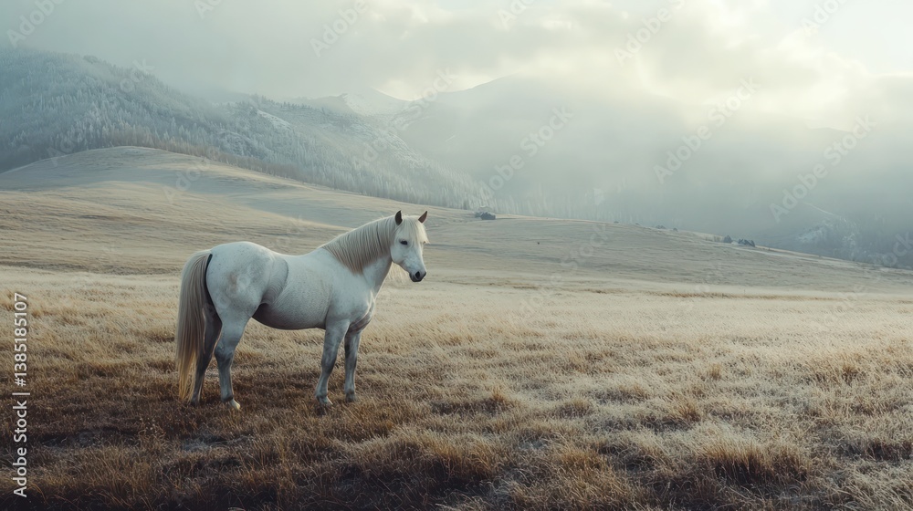 Obraz premium Majestic white horse grazing in serene meadow mountain landscape nature photography calm environment wide angle view
