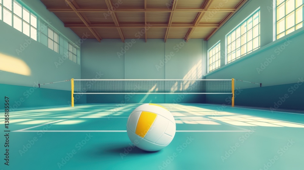 White volleyball positioned in the center of a well-maintained indoor volleyball court. White volleyball positioned in the center of a well-maintained indoor volleyball court.