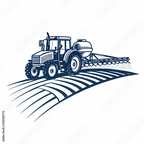 Create a bold vector illustration of a tractor-mounted sprayer, emphasizing thick outlines and strong color contrasts.