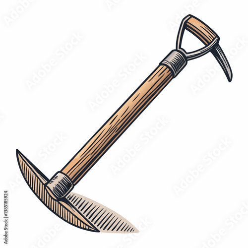 Create a bold, vector illustration of a traditional hand-held hoe, emphasizing strong outlines and sharp details.  Include realistic texture.