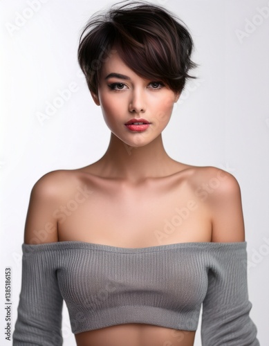 studio portrait of a brunette woman with short hair wearing a low cut grey top with nude shoulders on a white background, fashion photography