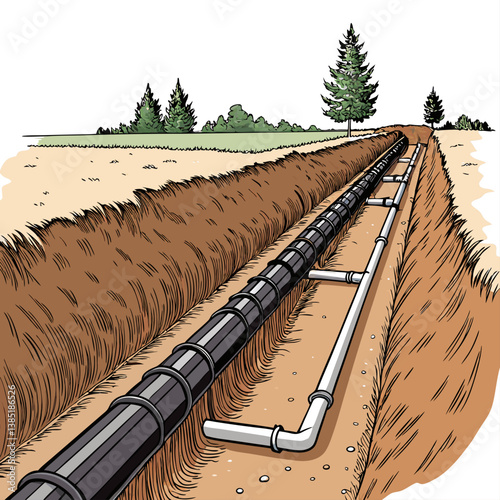 Create a bold vector illustration of a trench with prominent pipes, emphasizing strong outlines and sharp details.  Include realistic pipe textures.
