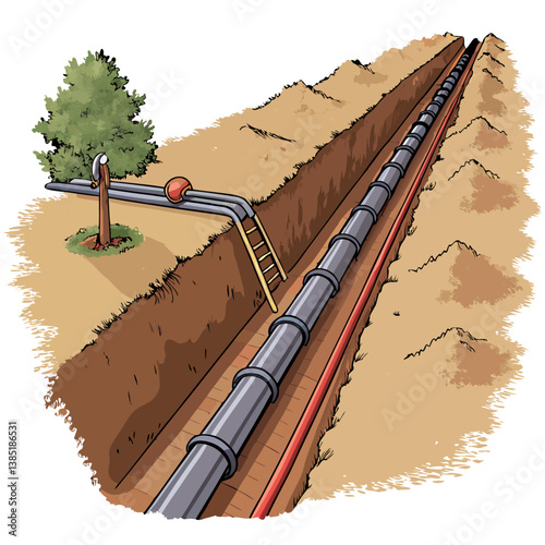 Create a bold vector illustration of a trench with exposed pipes, emphasizing strong outlines and defined shapes.  Include realistic pipe details.