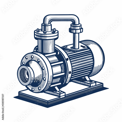 Create a bold, vector illustration of a water pump machine, emphasizing strong lines and impactful design.  Include detailed mechanical elements.