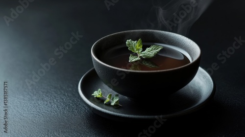 A cup of hot herbal tea with fresh mint leaves. Featuring calm and refreshment