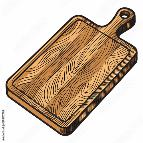 Create a vector illustration of a bold, thick-stroked wooden cutting board;  show realistic wood grain texture.