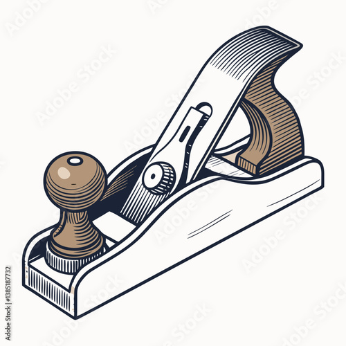 Create a bold, vector illustration of a wood planer, emphasizing its robust construction and sharp blade.  Include detailed linework and strong contrasts.