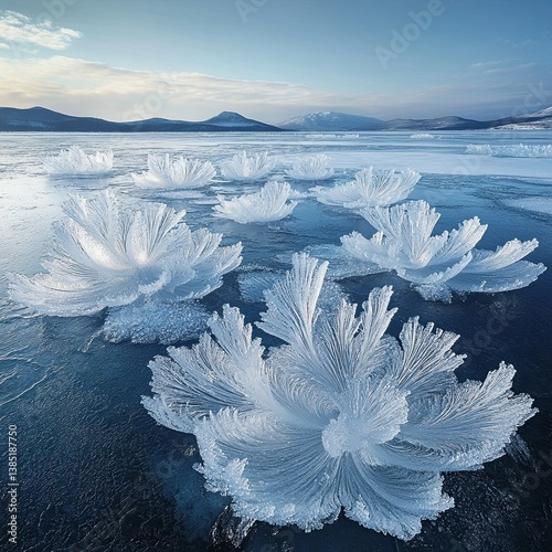 The unique formation of frost flowers on a frozen lake, delicate and intricate ice crystals formed by extreme cold.