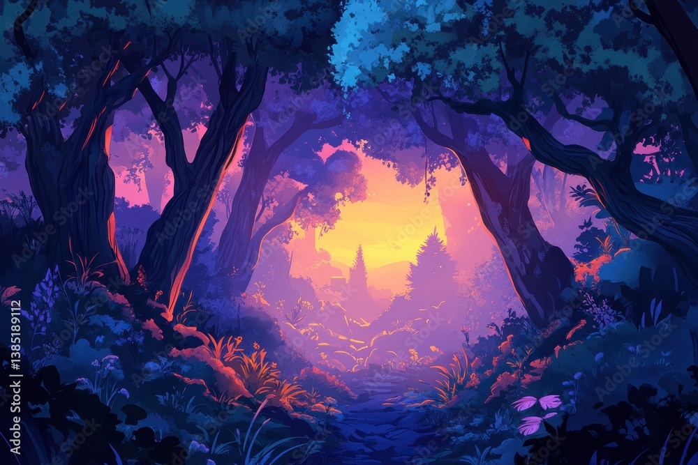 Fototapeta premium A colorful forest landscape scene depicts a magical and mystic atmosphere