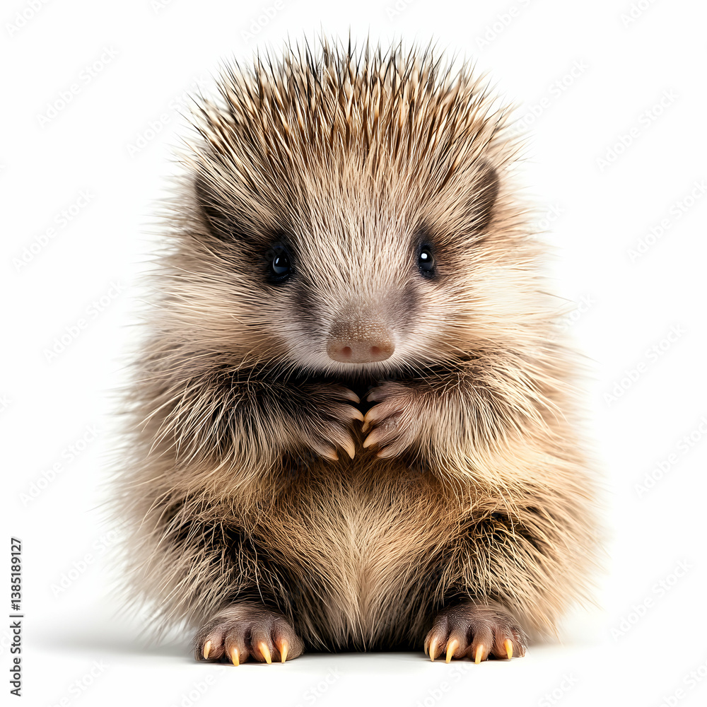 Obraz premium Adorable fluffy porcupine with sharp quills isolated on a white background, a charming wildlife subject for nature enthusiasts and animal lovers
