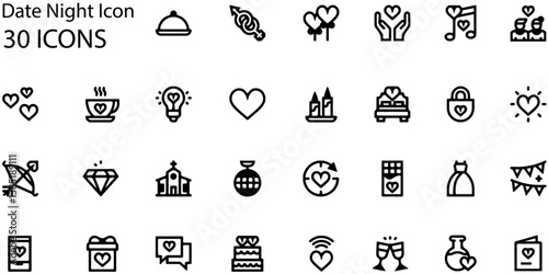 Set of Date Night icons. Line art style icons bundle. vector illustration