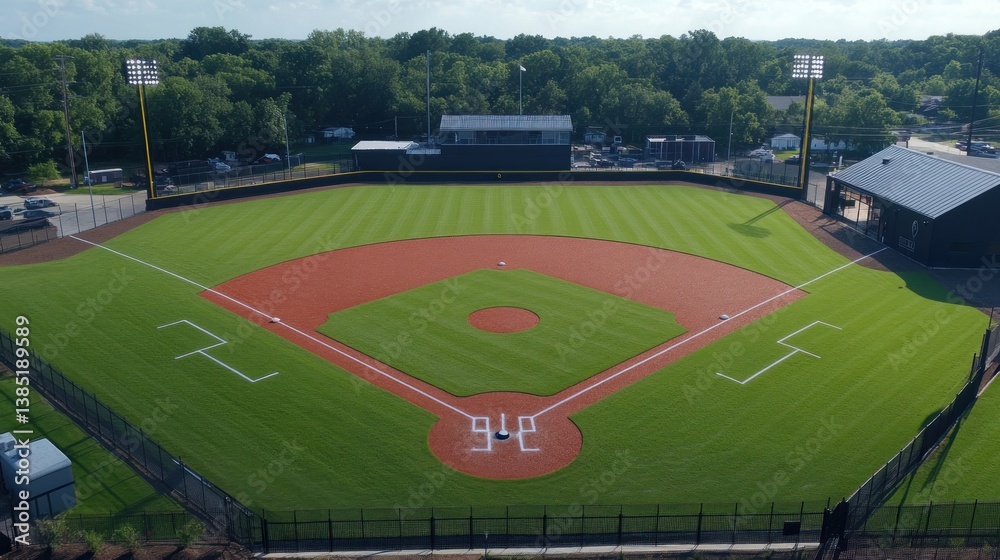 Fototapeta premium Aerial view of baseball field, sunny day, surrounded by trees and buildings, suitable for sports articles or promotional materials