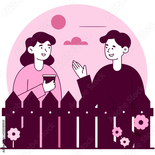 Two friends chatting leisurely by a fence in a colorful garden  