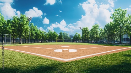 Wallpaper Mural Sunny baseball diamond in park, city background Torontodigital.ca