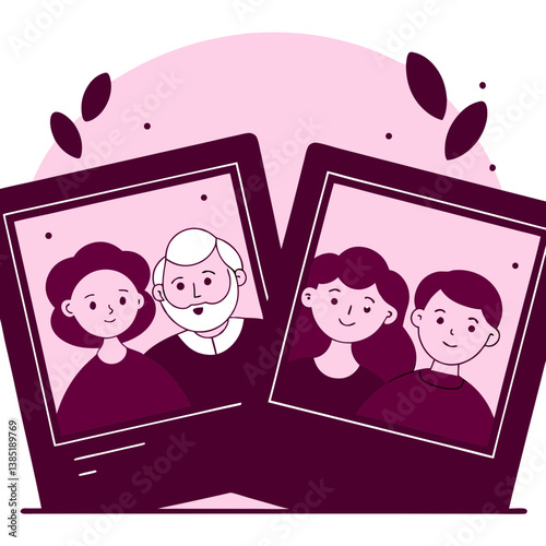 Family portraits in colorful frames with leaves in the background  
