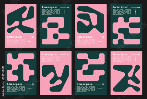 set of pink, black poster with geometric shapes pattern. stars, liquid connected dots, line shapes. elements form, modern design for card, invitation, wallpaper, poster