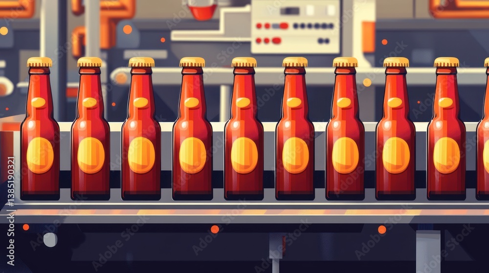 Fototapeta premium Bottled drinks on factory conveyor belt with machinery in background