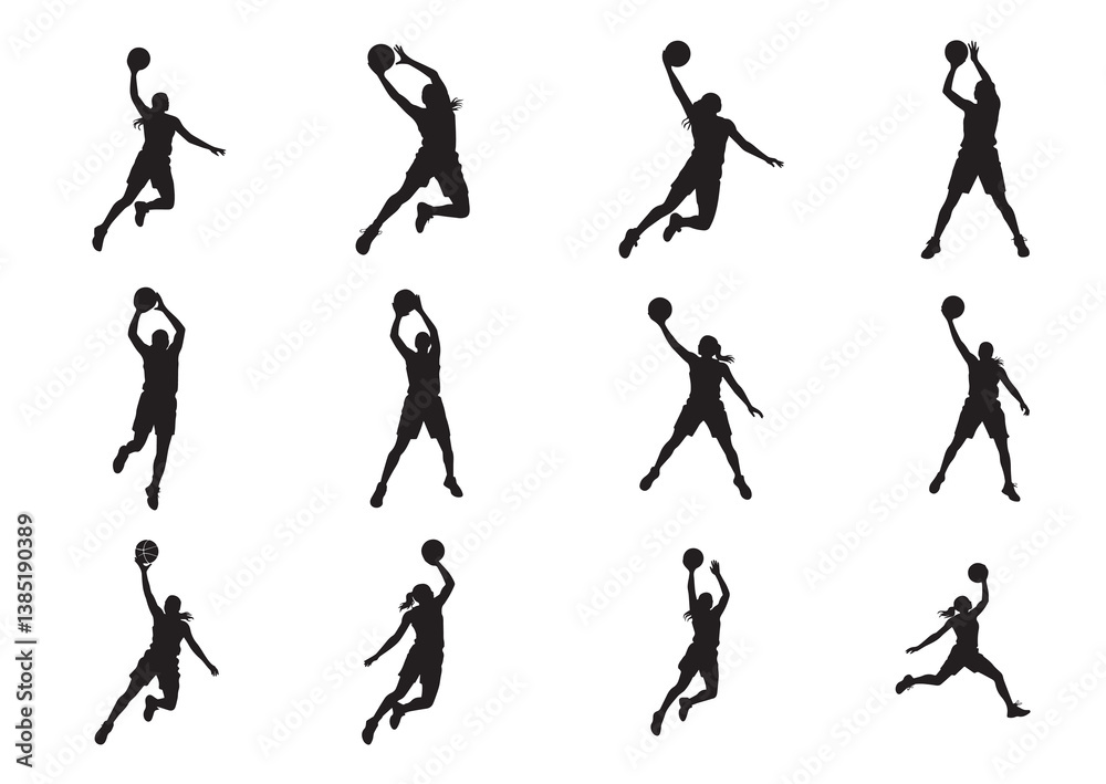Female Basketball Player Silhouette Vector Set Female Basketball Player Silhouette Vector Set