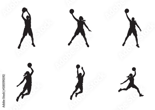 Female Basketball Player Silhouette Vector Set