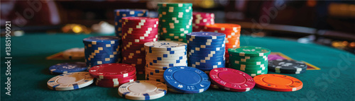 poker chip stack  on the table green background